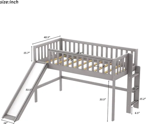 Miniatura 2 de Cama alta individual con tobogán, marco de cama loft de madera con escalera, cama baja tamaño individual, no necesita somier, gris