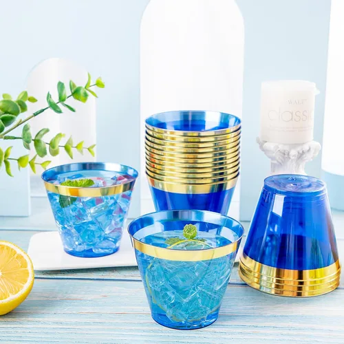 Miniatura 6 de Nervure 240 vasos de plástico azules – Vasos de plástico con borde dorado de 9 onzas – Taza azul desechable resistente con borde dorado perfecto