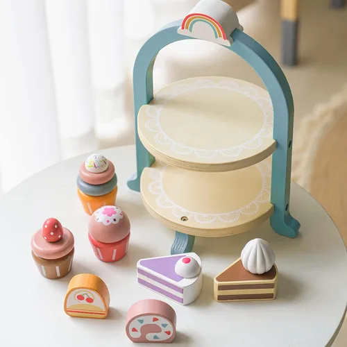 Miniatura 3 de Juego de comida de postre de madera, juego de comida para niños, juego de fiesta de té para niñas pequeñas, juegos de accesorios de cocina de madera