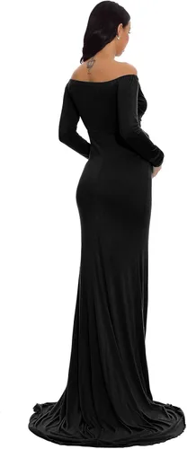 Miniatura 4 de ZIUMUDY - Vestido ajustado de maternidad con cuello en V fruncido, hombros descubiertos, manga larga, maxivestido para fotografía