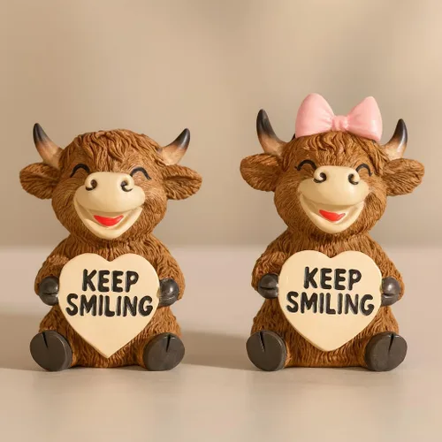 Miniatura 7 de iStatue Paquete de 2 figuras de resina de vaca Highland de 3.6 pulgadas – Lindo regalo Sigue Sonriendo para Navidad, día de San Valentín