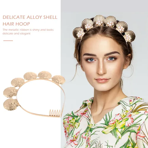 Miniatura 8 de minkissy Diadema de concha de perlas doradas, accesorio para el cabello para mujeres y niñas, vacaciones, boda, fiesta, cosplay, ligero y decorativo