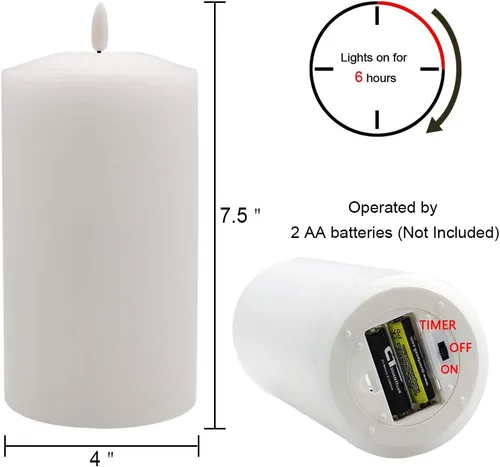 Miniatura 2 de Eldnacele - Velas grandes sin llama parpadeantes blancas con mecha negra 3D realista con temporizador, 4” X 7.5” de cera real, operadas con batería