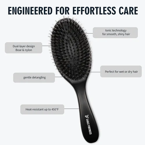Miniatura 3 de Cepillo de cerdas de jabalí para mujeres, hombres y niños, cepillo desenredante para cabello grueso, adelgazamiento, seco o húmedo con alfileres
