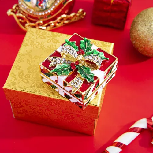 Miniatura 6 de YU FENG Caja de baratija de Navidad con lazo y hojas verdes, decoración de diamantes de imitación esmaltados pintados esmaltados con bisagras