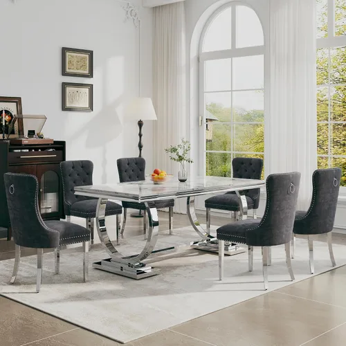Miniatura 27 de Juego de mesa de comedor de 7 piezas, mesa de cocina de lujo de mármol sintético blanco de 70 pulgadas y 6 sillas copetudas de terciopelo beige