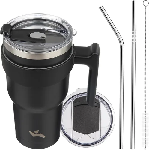 Miniatura 42 de Konokyo - Vaso de 10 onzas con asa y 2 popotes, 2 tapas, botella de agua aislada de acero inoxidable, taza de viaje reutilizable, color verde militar