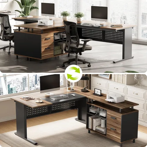 Miniatura 5 de LITTLE TREE Escritorio grande para computadora con archivador, escritorio ejecutivo en forma de L de 63 pulgadas con cajones y estantes