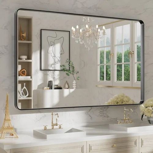 Miniatura 110 de WEER - Espejo de baño dorado, espejo de 40x32 pulgadas con marco de metal dorado cepillado, espejo de tocador de baño de oro para pared