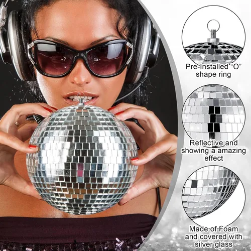 Miniatura 3 de Haull - Set de 8 bolas de discoteca grandes, bolas de espejo plateadas y reflectantes con anillo para colgar, ornamento para fiesta, decoración