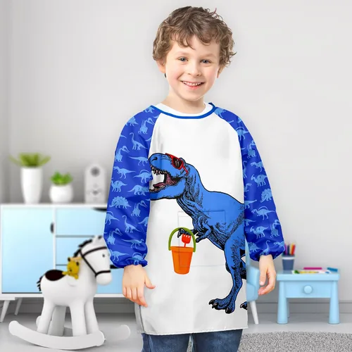 Miniatura 2 de PASHOP Bata de arte para niños, de unicornio, impermeable, para niñas, niños, manga larga, hasta la rodilla, con bolsillo (dinosaurio azul, 3-7 años)