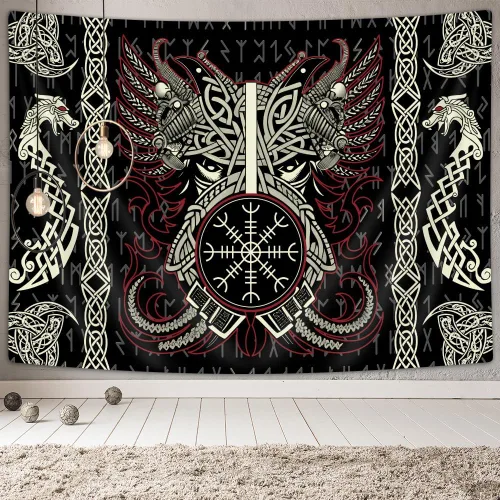 Miniatura 3 de Ptrxobj Tapiz nórdico vikingo, fresco dragón fénix tapiz colgante de pared para hombres dormitorio, mitología noruega retro pagana celta negro