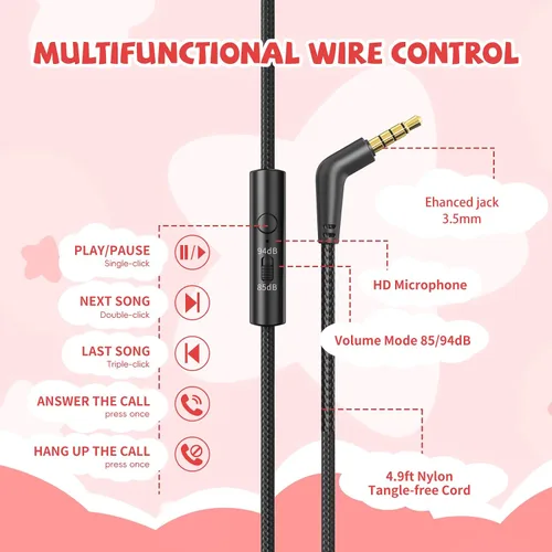 Miniatura 5 de Auriculares para niños con cable para la escuela, límite de volumen de 85/94 dB, auriculares con cable sobre la oreja para niños y niñas