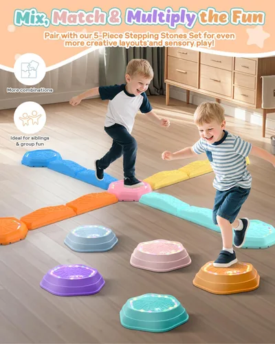 Miniatura 7 de Holyton Tira de Equilibrio con Luces Musicales y Escalones de Paso para Niños de 13 Piezas, Escalones Apilables de Equilibrio de Plástico