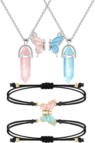 MJartoria Juego de collar y pulseras para mejores amigos, collar y pulseras de la amistad de mariposa de 2 corazones, collar a juego, pulseras y