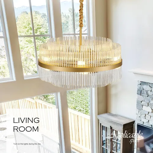 Miniatura 4 de 23.6" Lámparas de araña doradas modernas, candelabro de vidrio redondo de 2 niveles para comedor, 12 luces, lámparas colgantes para vestíbulo