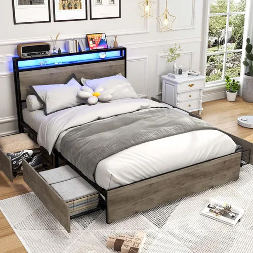 Miniatura 7 de Kiivakii Base de cama Queen con cabecero, base de cama de plataforma LED con 4 cajones de almacenamiento, estación de carga integrada, sin ruido