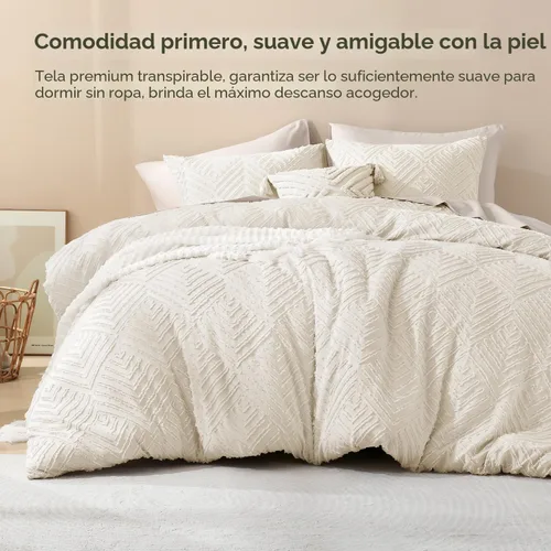 Miniatura 2 de Litanika - juego de edredón matrimonial beige, 3 piezas capitoné crema boho granja, ligero y esponjoso para todas las estaciones