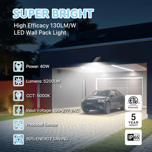 Miniatura 2 de HYPERLITE Paquete de Pared LED 40W: 5000K ETL Listado con Fotocélula de Anochecer al Amanecer Iluminación de Seguridad Comercial - Luz de Pared