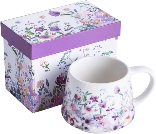 Topadorn Taza de café de cerámica de 12 onzas, taza de té floral púrpura con caja de regalo a juego, taza apta para lavavajillas y microondas para