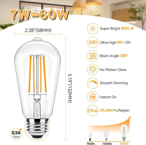 Miniatura 2 de Brightever Bombillas ámbar regulables equivalentes a 60 W, bombillas LED Edison vintage de 2200 K, 850 LM, 90+CRI, 7 W ST58 E26, bombilla LED