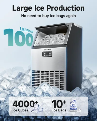 Miniatura 2 de EUHOMY Máquina Comercial de Hielo, Máquina de Hielo de Acero Inoxidable de 100 lbs/24H Bajo Mostrador con Capacidad de Almacenamiento de Hielo de 33