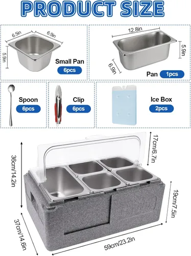 Miniatura 2 de Pizza Topping Station 7 sartenes, barra de ensalada, estación de buffet, servidor de bufé de alimentos fríos con tapas de bolsas de hielo, juego