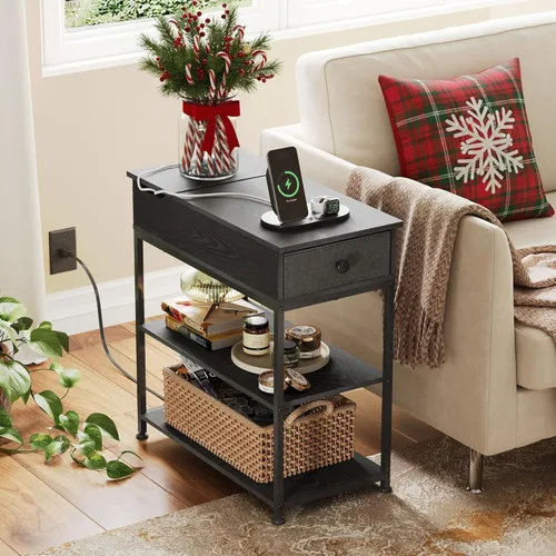 Miniatura 2 de WLIVE Mesa auxiliar estrecha con 2 puertos USB y 2 tomacorrientes, mesa auxiliar negra con cajón y estantes de almacenamiento, mesita de noche