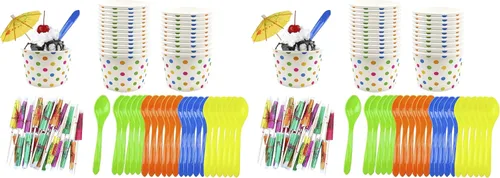 Miniatura 8 de Copas de helado de papel de lunares de 8 onzas, cucharas de plástico, paraguas de papel, azul, naranja, amarillo, verde, kit de helado Sunddae