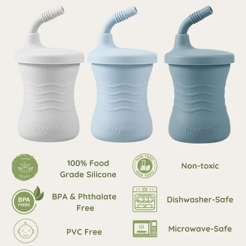 Miniatura 6 de PandaEar Vaso de entrenamiento de silicona, paquete de 3 tazas para beber con popote para bebés y niños pequeños de 6 meses en adelante