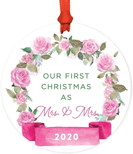 Miniatura 10 de Andaz Press Adorno de Navidad de madera grabado con láser para aniversario de boda, 1 año juntos, Navidad 2025, pancarta de flores rosas, 1 paquete