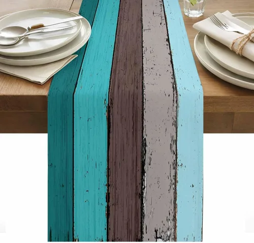 Miniatura 63 de Ocean Hues Farmhouse - Camino de mesa de lino y algodón, estilo retro, con textura de madera de granero rústica, degradado, azul, gris, Azul