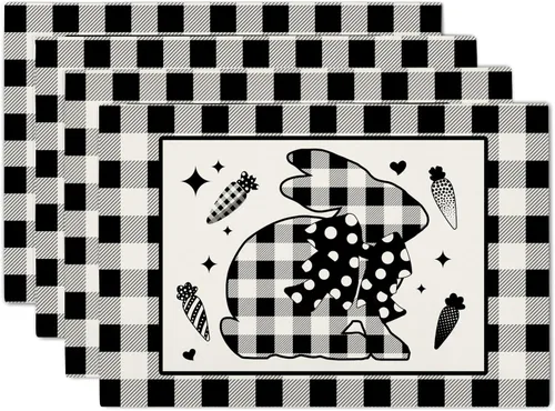 Juego de 4 manteles individuales de búfalo de Pascua, diseño de conejo, zanahorias, vintage, color blanco y negro, lavable, resistente al calor,