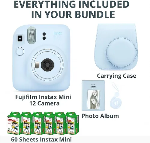 Miniatura 3 de Cámara instantánea Fujifilm Instax Mini 12 en color blanco arcilla y paquete de película Fuji (60 hojas) con accesorios Tiger resistentes, estuche