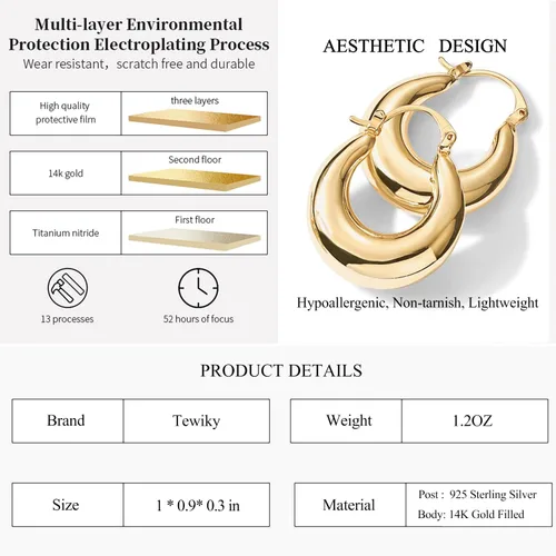 Miniatura 56 de Aretes de aro gruesos de oro para mujer, chapados en oro de 14 quilates, aretes de aro triple, hipoalergénicos, a la moda, aretes de aro gruesos