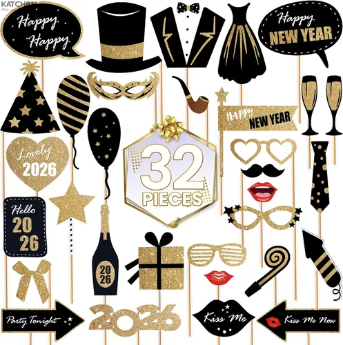 Miniatura 2 de KatchOn, Accesorios para cabina de fotos de Año Nuevo con purpurina 2026 – Paquete de 32 Accesorios de cabina de fotos de Nochevieja