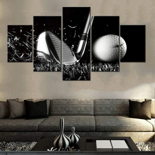 Piezas de golf para decoración de pared, pinturas en blanco y negro, arte de pared para sala de estar, golf, deportes, obras de arte de 5 piezas