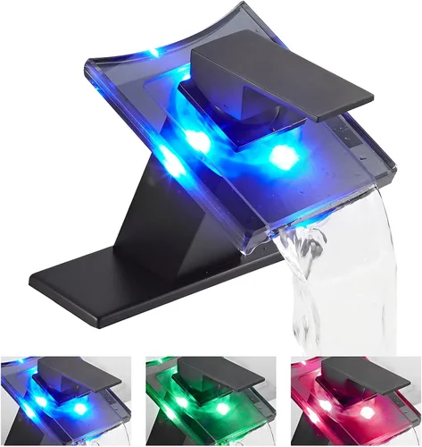 Miniatura 10 de Grifo de Lavabo de Baño con Luz LED, Boquilla de Cascada de Vidrio que Cambia a 3 Colores, Mezclador de Agua Caliente y Fría, Manija Única, un Solo