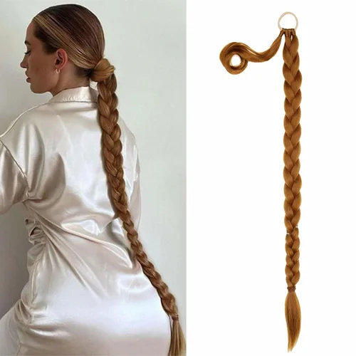 Miniatura 9 de Extensión de cola de caballo de trenza larga con lazo elástico, 1 unidad, extensiones de cabello sintético lacio y elegante envolvente para mujer