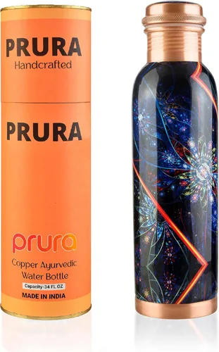 Miniatura 15 de Botella de agua de cobre con estampado puro, a prueba de fugas, recipiente de cobre ayurvédico para deportes, gimnasio, aire libre, yoga, beneficios