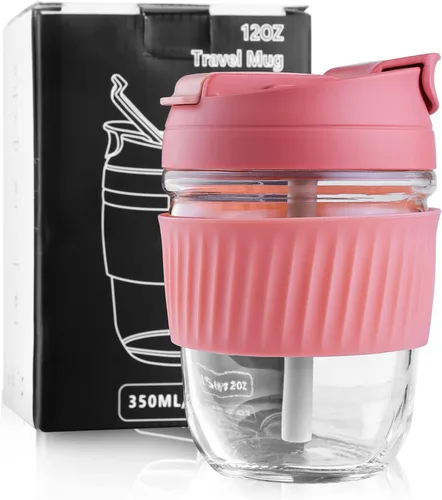 Miniatura 15 de Sivaphe Taza de café reutilizable de vidrio para hielo y caliente 12 oz, taza de viaje portátil con tapa a prueba de derrames y funda térmica