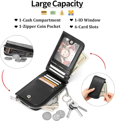 Miniatura 2 de GAEKEAO Cartera pequeña porta tarjetas de crédito para mujeres RFID de cuero delgada tipo pulsera con llavero y bolsillo con cremallera, Negro