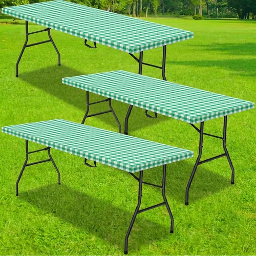 Miniatura 10 de Oudain Mantel rectangular de plástico para mesa de pícnic, 3 piezas, 30 x 72 pulgadas, vinilo impermeable con parte trasera de franela con borde