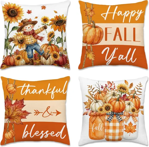 Miniatura 18 de pinata Juego de 4 fundas de almohada de otoño de 18 x 18 pulgadas, almohadas decorativas de otoño para sofá, hogar y exterior, decoración de otoño