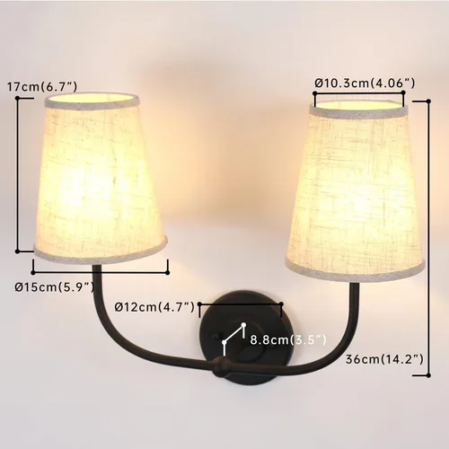 Miniatura 4 de Apliques de pared de 2 luces con embudo de tela de lino, lámparas de pared de doble luz para dormitorio, sala de estar, tocador, baño, pasillo, Negro
