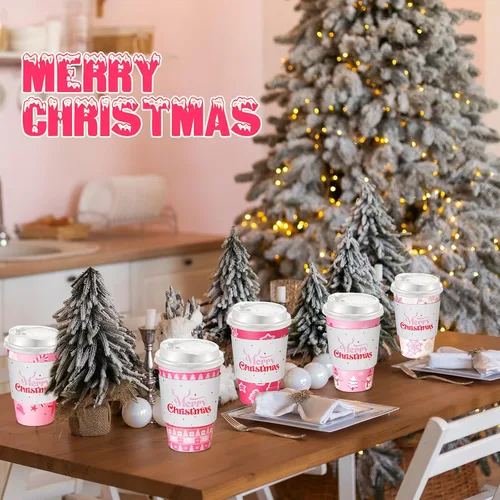 Miniatura 6 de Ziliny 100 juegos de tazas de papel de Navidad con manga y tapa con pajita, tazas de chocolate caliente y cacao para fiestas de Navidad, suministros