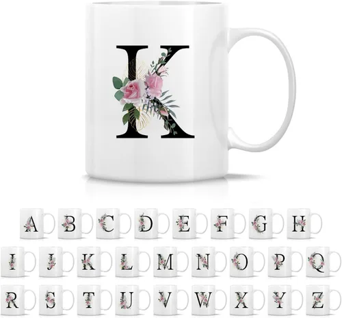 Miniatura 12 de Retreez Ramo botánico floral inicial A-Z con monograma, taza con monograma de cerámica de 11 onzas, regalo de agradecimiento de agradecimiento
