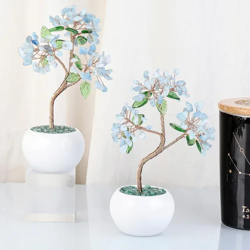 Miniatura 5 de Rockcloud Árbol de dinero de cristal curativo de aguamarina de 6.5 pulgadas, bonsái Fengshui con base de cerámica para buena suerte, riqueza