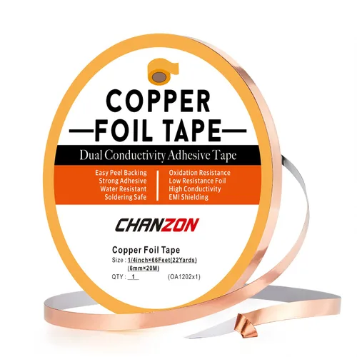 CHANZON Cinta de lámina de cobre de 0.236 in 1/4 pulgadas x 66 pies, adhesivo conductor de doble cara para vidrieras, soldadura, electricidad,