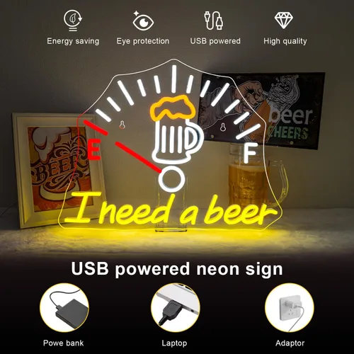 Miniatura 4 de Letrero de neón con texto en inglés "I Need a Beer" ("Necesito una cerveza") con barra de luz LED de neón para decoración de pared para Pub Man Cave